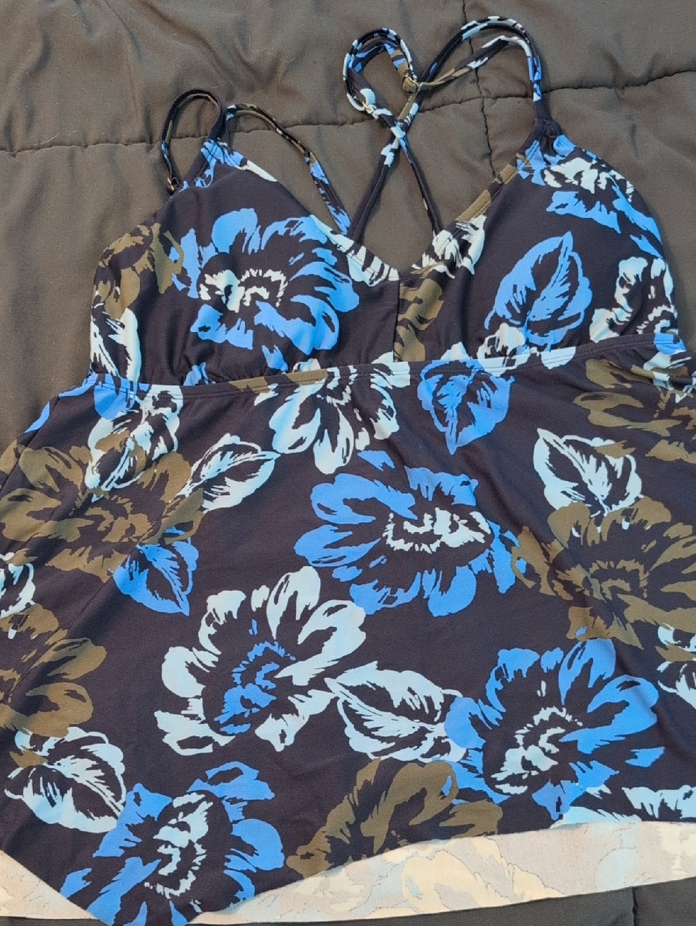 Kona Sol Blue White Brown Floral Tankini Top
